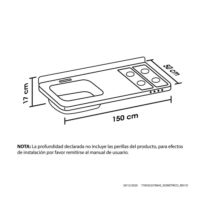 Mesón de cocina Inoxidable ovata 1.50 metros con pozuelo izquierdo a gas natural marca Haceb