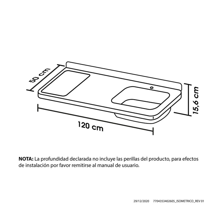 Meson de cocina inoxidable ovata 1.20 metros pozuelo derecho sin quemadores marca Haceb