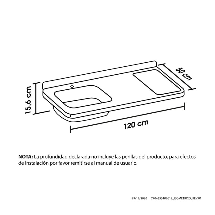 Meson de cocina inoxidable ovata 1.20 metros pozuelo izquierda sin quemadores marca Haceb