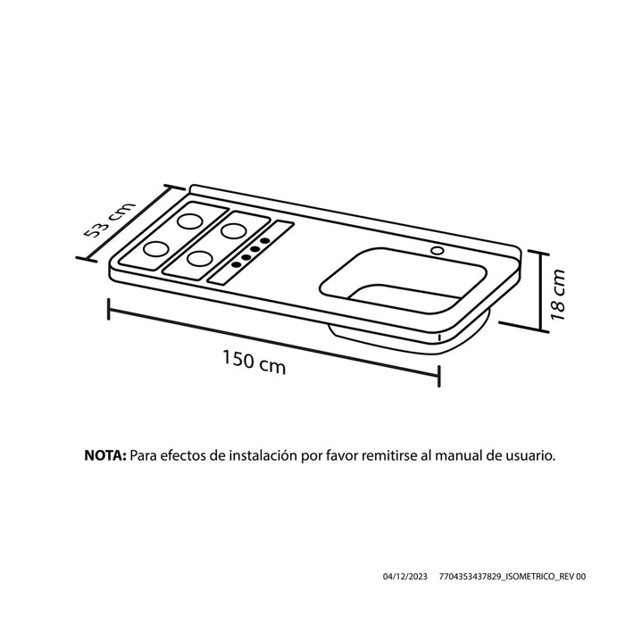 Mesón de cocina inoxidable 1.50 metros pozuelo derecho a gas natural con encendido eléctrico marca Haceb