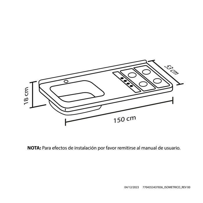 Mesón de cocina inoxidable 1.50 metros pozuelo izquierdo gas natural con encendido eléctrico marca Haceb