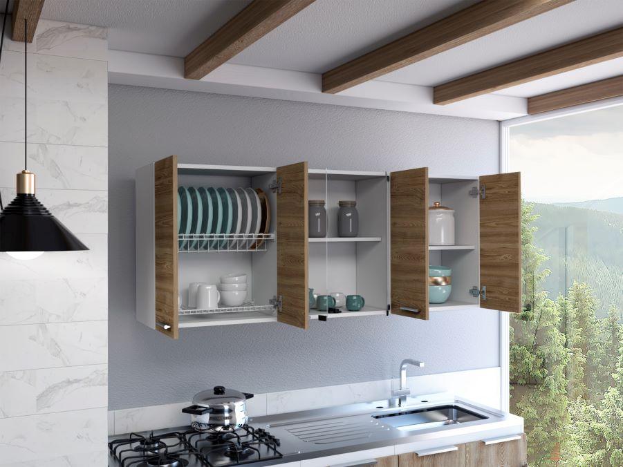 Gabinete Superior Vega, Fresno Europeo y Blanco, incluye entrepaño móvil central y dos puertas de vidrio