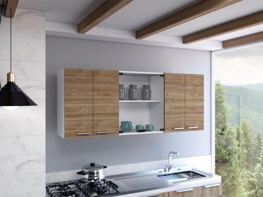 Gabinete Superior Vega, Fresno Europeo y Blanco, incluye entrepaño móvil central y dos puertas de vidrio