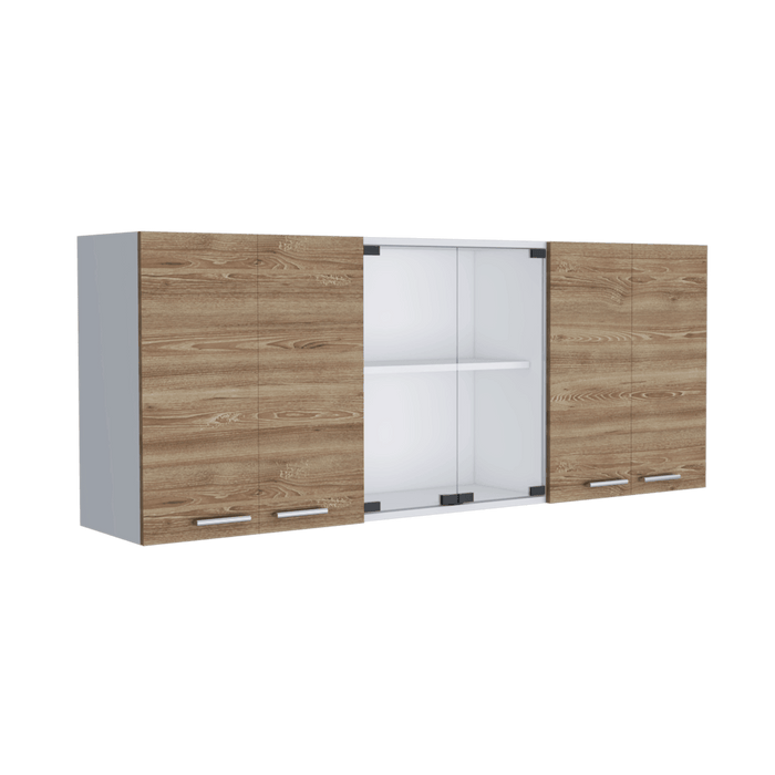 Gabinete Superior Vega, Fresno Europeo y Blanco, incluye entrepaño móvil central y dos puertas de vidrio