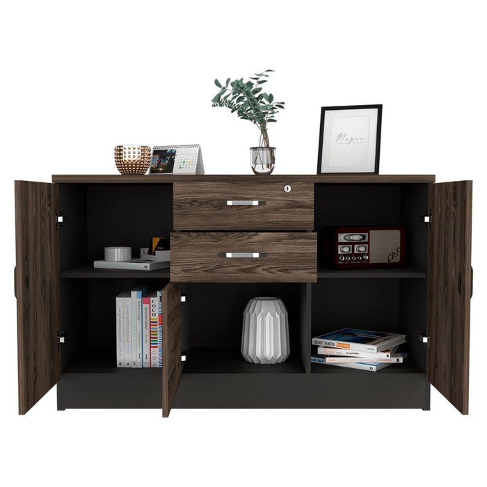 Mesa Auxiliar Nakarat, Avellana y Wengue, con tres puertas espacios para colocar y almacenar objetos