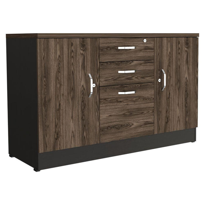 Mesa Auxiliar Nakarat, Avellana y Wengue, con tres puertas espacios para colocar y almacenar objetos