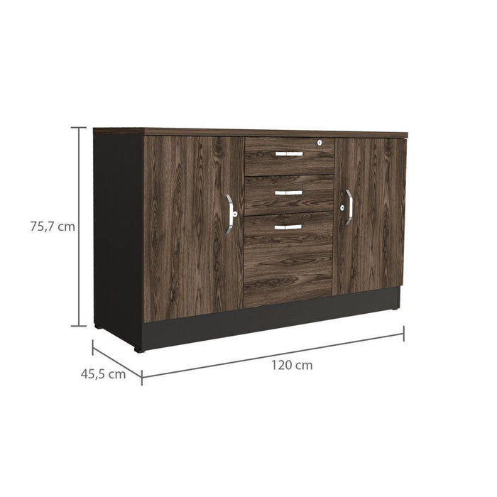 Mesa Auxiliar Nakarat, Avellana y Wengue, con tres puertas espacios para colocar y almacenar objetos