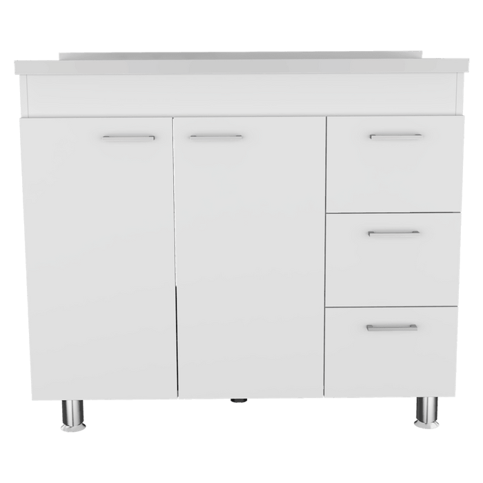 Gabinete Inferior Stella, Blanco Perla, con Dos Puertas Batientes y Tres Cajones Deslizables, con Mesón Izquierdo