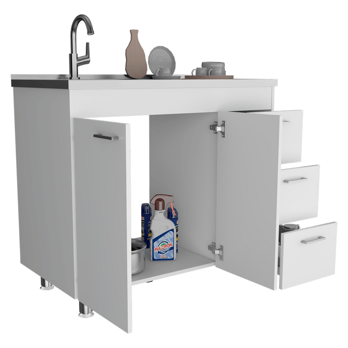 Gabinete Inferior Stella, Blanco Perla, con Dos Puertas Batientes y Tres Cajones Deslizables, con Mesón Izquierdo
