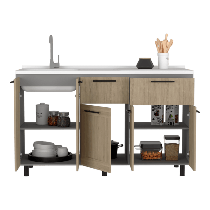 Gabinete Inferior Kazán 150, Gris y Beige, con Gran Capacidad de Almacenamiento, Incluye Mesón Izquierdo