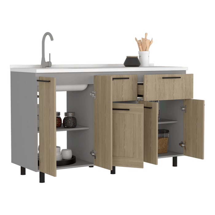 Gabinete Inferior Kazán 150, Gris y Beige, con Gran Capacidad de Almacenamiento, Incluye Mesón Izquierdo