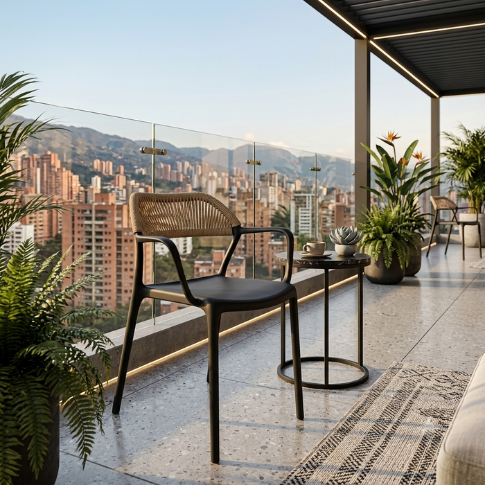 Silla con Brazos Bombay, Negro y Beige, con Espaldar en Cuerdas y Diseño Moderno