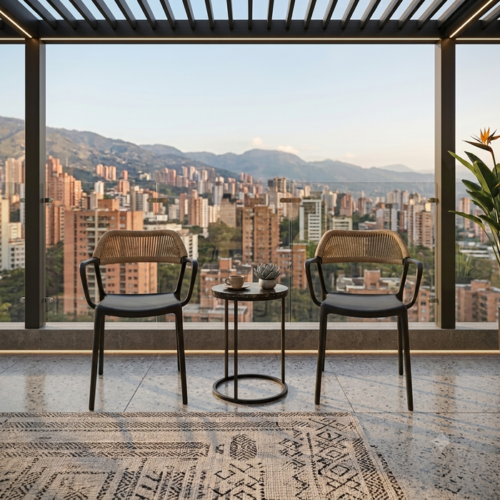 Silla con Brazos Bombay, Negro y Beige, con Espaldar en Cuerdas y Diseño Moderno