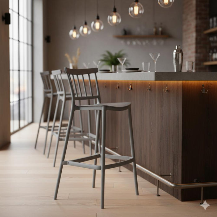 Silla para Bar Oxford, Gris, Con espaldar en barras y diseño minimalista