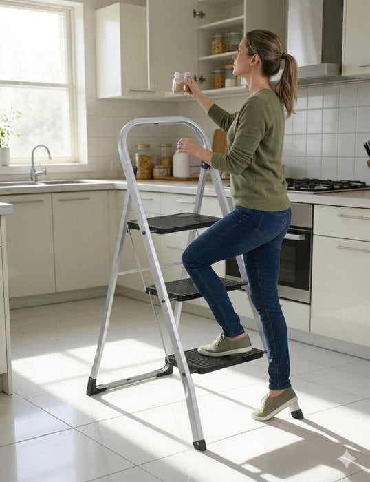 Escalera Tubular Luminas, Gris y Negro, Plagable de 3 Niveles