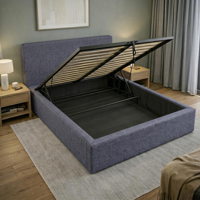 Cama Mecy Lift 140, Gris Oscuro, Tapizada, con Almacenamiento Hidráulico