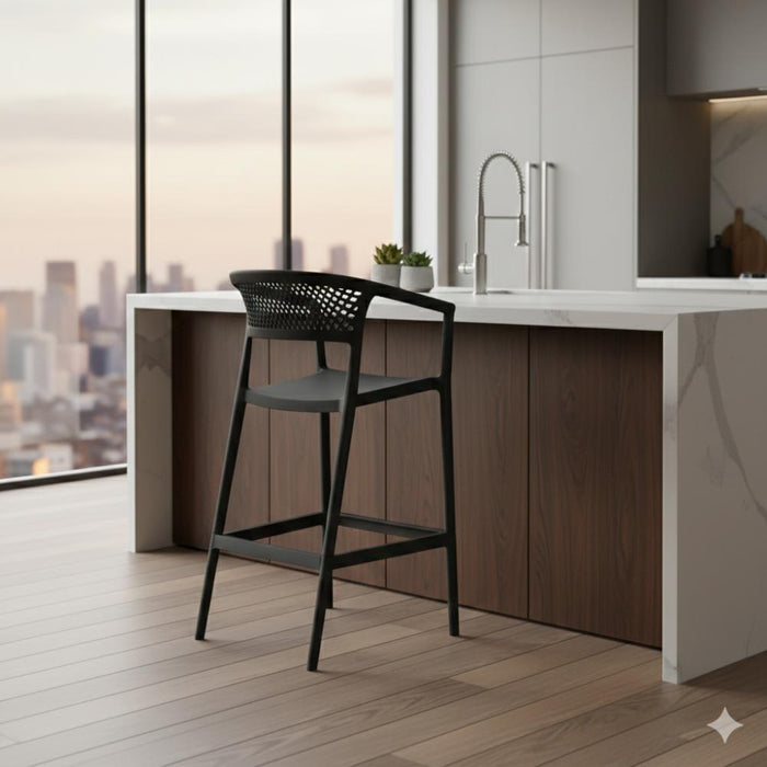 Silla para Bar Salvador, Negro, Con espaldar en malla y diseño Moderno