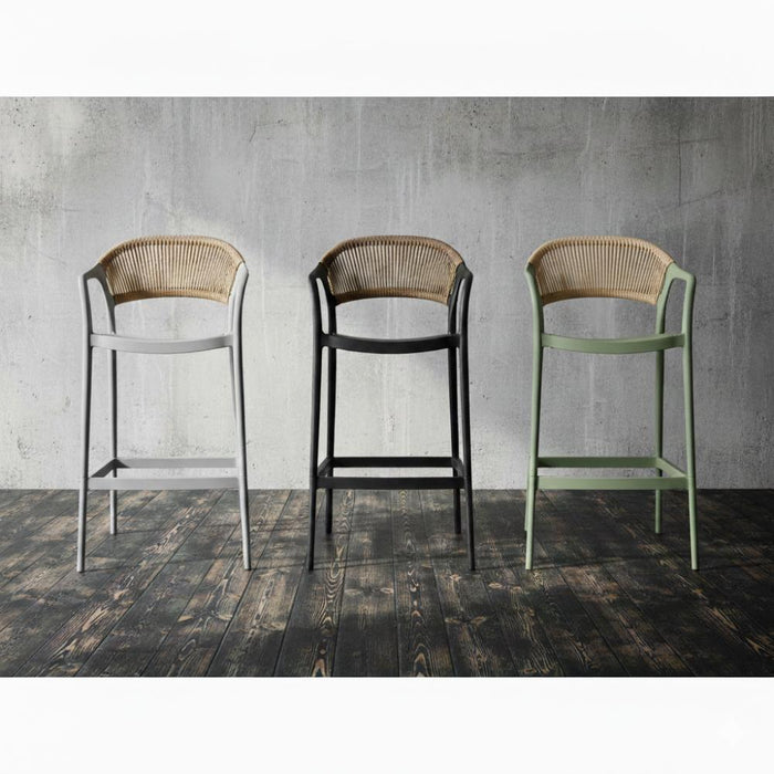 Silla para Bar Bali, Gris, Con espaldar en cuerdas y diseño Moderno