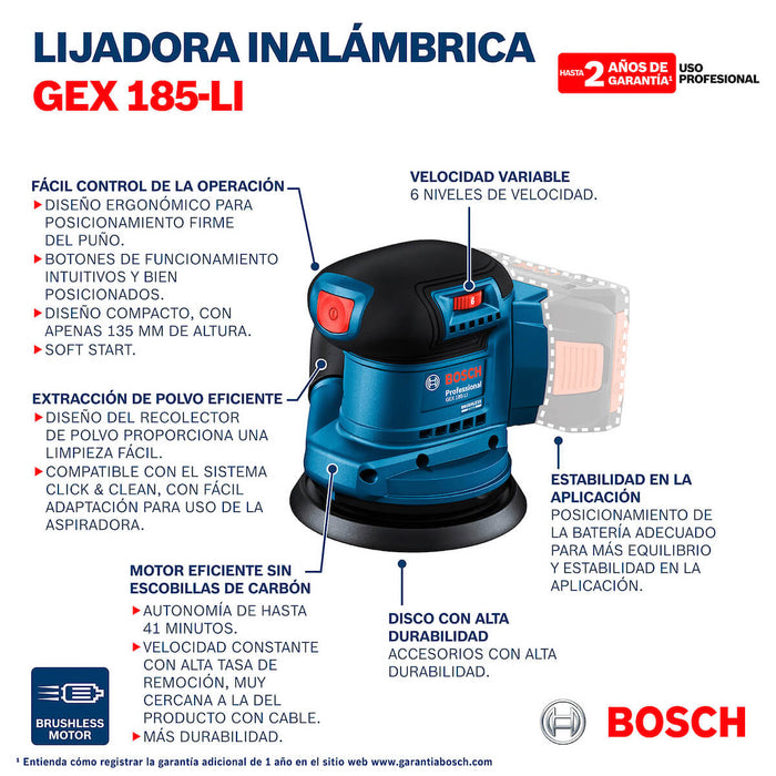 Lijadora roto orbital inalámbrica 18V GEX 185-LI Sin Bateria/Sin Cargador Brushless Bosch