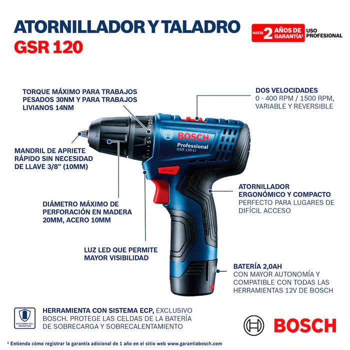 Taladro atornillador 1/2"  12V + 1 batería  y maletín GSR 120-LI Bosch