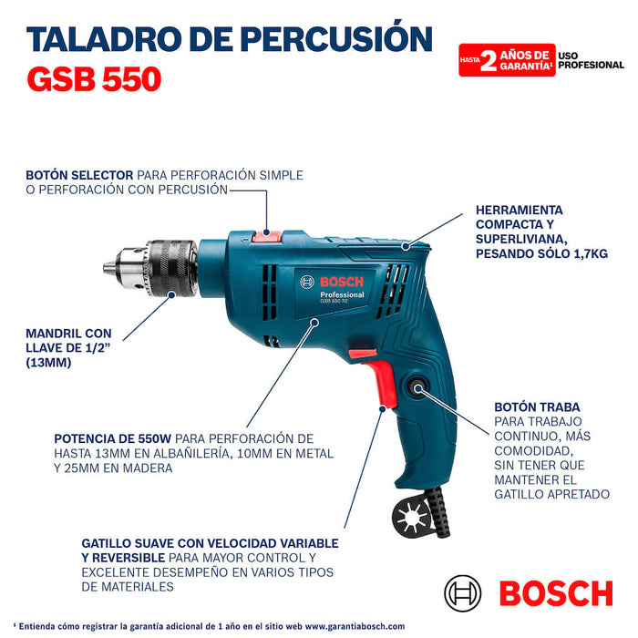 Taladro percutor 1/2" 550W +14 acc GSB 550 Bosch