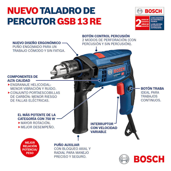 Taladro percutor 1/2" industrial de 750W + 23 acc marca Bosch