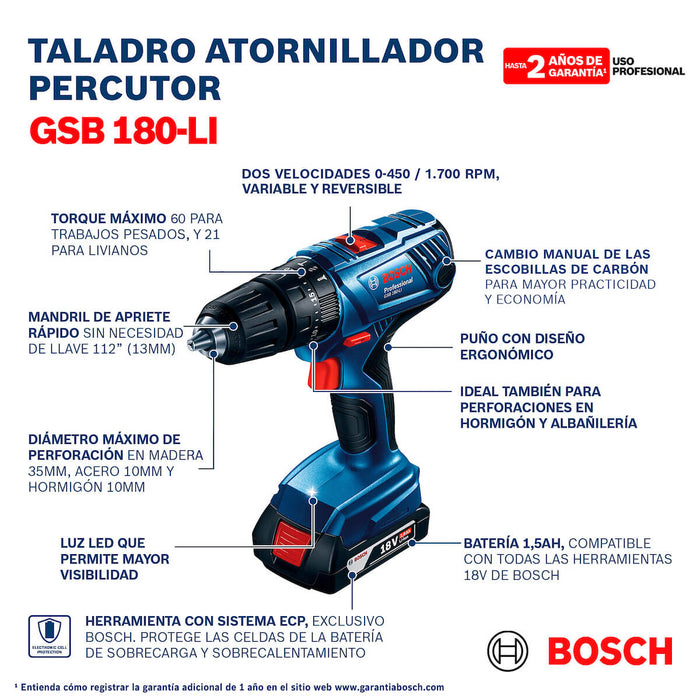 Taladro percutor 1/2" 18V GSB 180-LI y llave impacto 1/4" y 1/2" 180Nm GDX 180-LI 18V Bosch