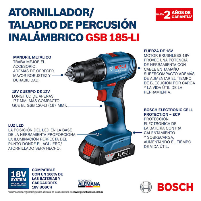 Taladro percutor 1/2" 18V 2 bat Brushless GSB 185-LI Bosch