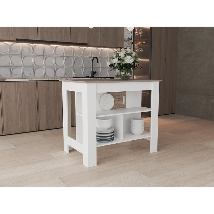 Barra de Cocina Burton, Blanco Duqueza y Cocoa, con amplia superficie en la mesa