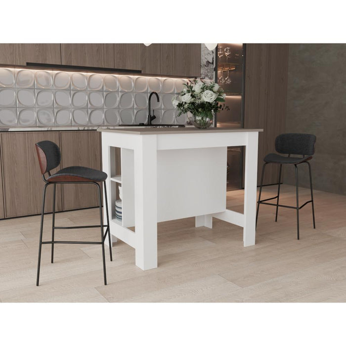 Barra de Cocina Burton, Blanco Duqueza y Cocoa, con amplia superficie en la mesa