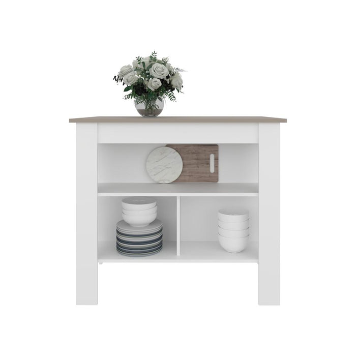 Barra de Cocina Burton, Blanco Duqueza y Cocoa, con amplia superficie en la mesa