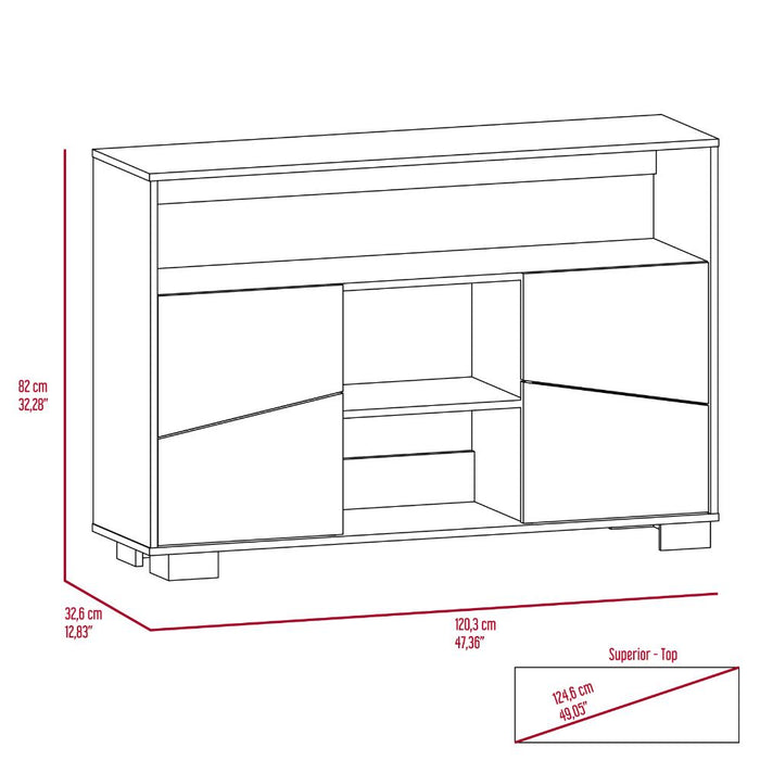 Mesa Auxiliar Recibidor Orus, Caoba y Fresno Europeo, con Cuatro Puertas y Patas de Acero
