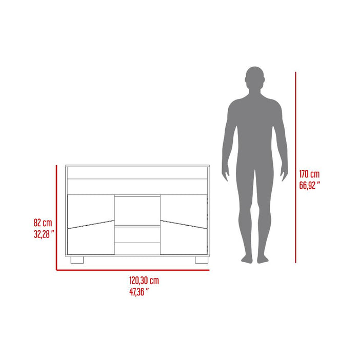 Mesa Auxiliar Recibidor Orus, Caoba y Fresno Europeo, con Cuatro Puertas y Patas de Acero