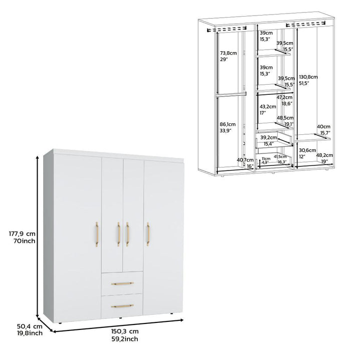 Closet Bariloche Bombay Eco, Blanco Duqueza y Dorado, Con Variedad De Entrepaños y Cuatro Puertas Abatibles ZF
