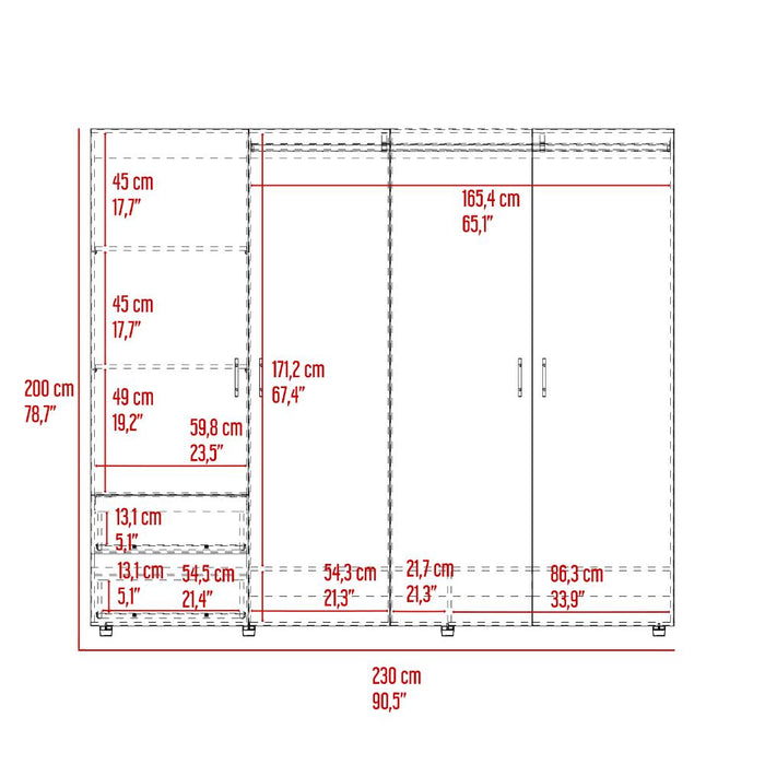 Closet Light 230, Nogal y Wengue, Con Dos Cajones y Cuatro Puertas