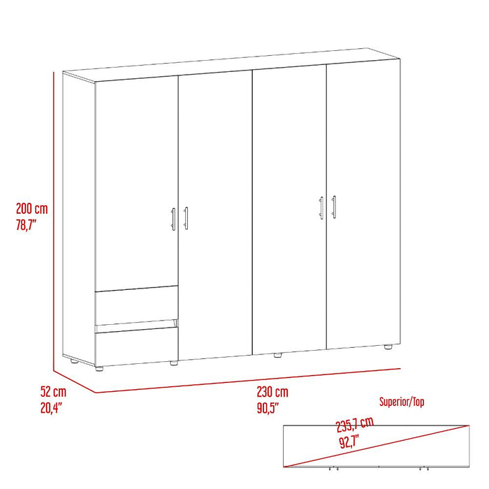 Closet Light 230, Niebla y Blanco Duqueza, con dos cajones y cuatro puertas