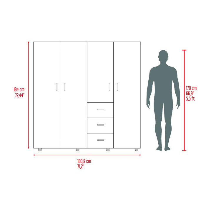 Closet Poche, Cartagena y Blanco, con Tres Cajones Multiusos y Cuatro Puertas Batientes