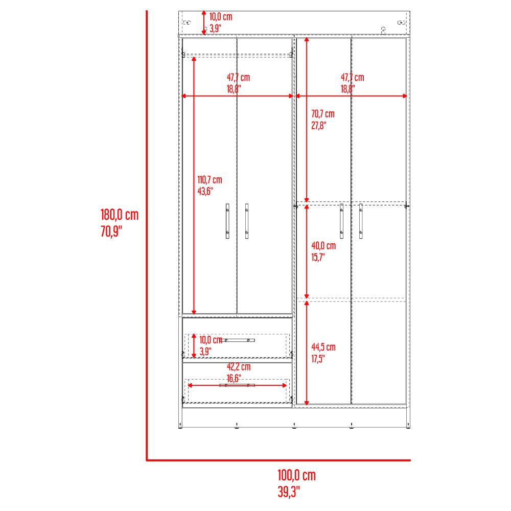 Closet Houston, Fresno Europeo y Wengue , Con Cuatro Puertas Batientes y Dos Cajones Con Amplio Espacio De Almacenamiento