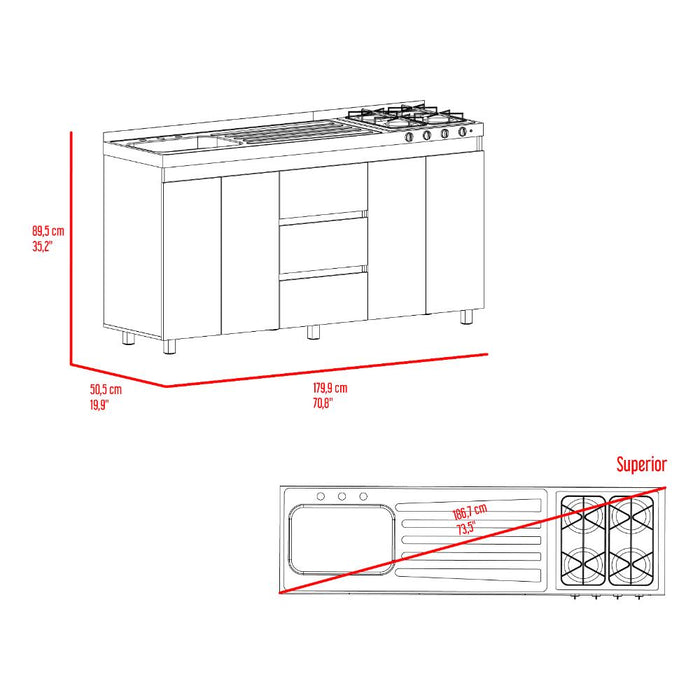 Gabinete Inferior Boreal, Blanco Duqueza y Fresno Europeo, Incluye Meson Haceb Izquierdo con Quemadores