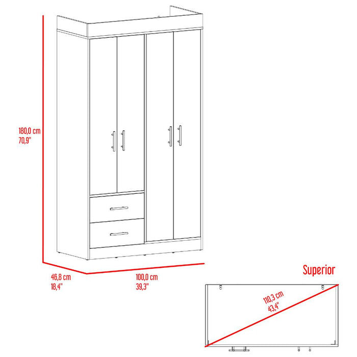 Closet Houston, Cartagena y Wengue , Con cuatro puertas batientes y dos cajones con amplio espacio de almacenamiento