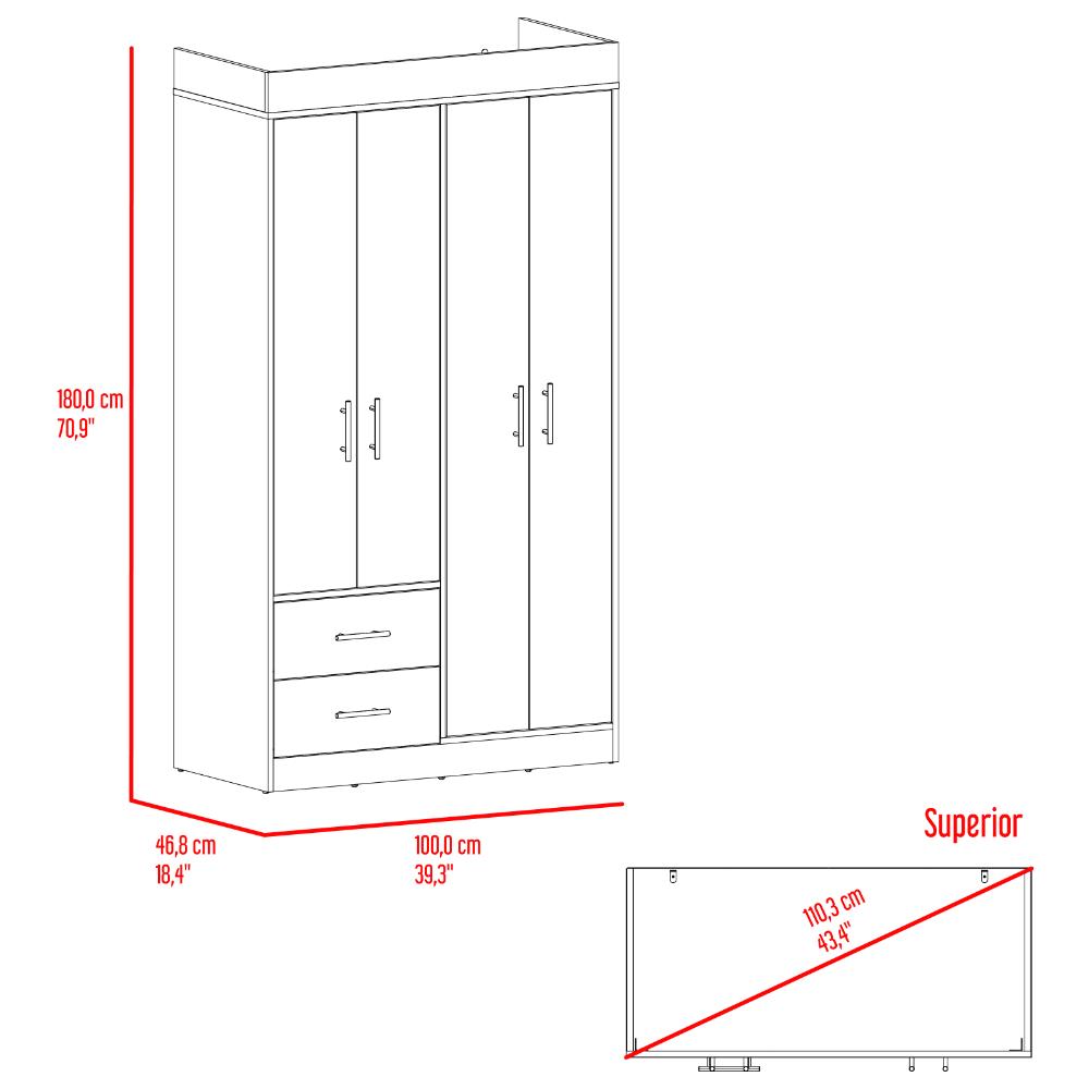 Closet Houston, Fresno Europeo y Wengue , Con Cuatro Puertas Batientes y Dos Cajones Con Amplio Espacio De Almacenamiento