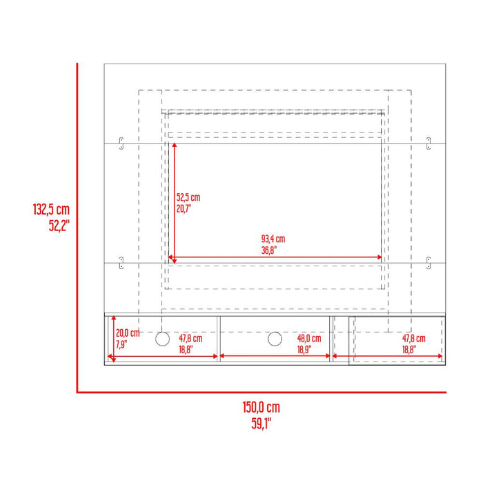 Panel para TV Light, Blanco Duqueza y Fresno Europeo, con espacio pata Televisor de 65"