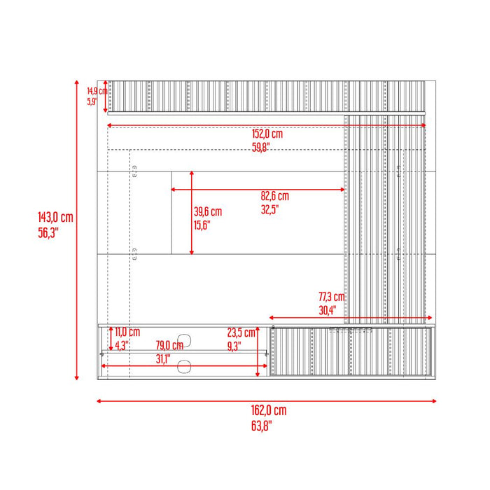 Panel de Tv Dover, Plata Oscuro y Bardolino, con espacio para tv desde 55 a 70"