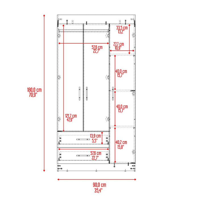 Closet houston, positano y wengue, con cuatro puertas batientes y dos cajones con amplio espacio de almacenamiento