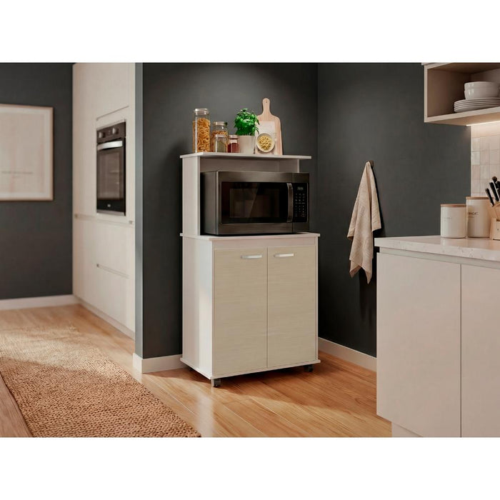 Modúlo Microondas Palma, Blanco y Cartagena, con Dos Puertas Abatibles y Rodachinas Para Su Fácil Desplazamiento