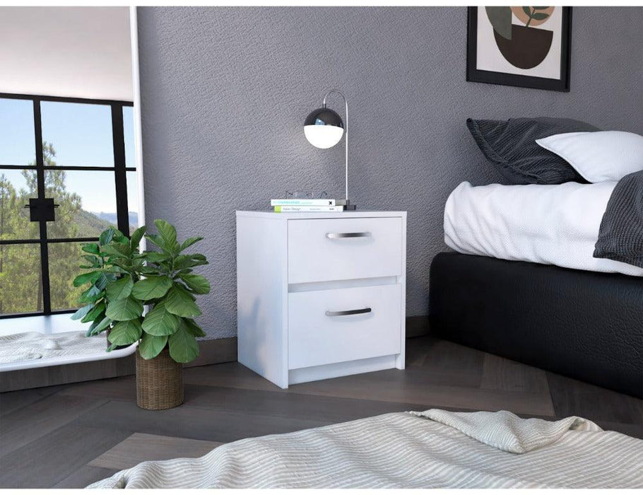 Mesa de Noche Elaxi, Blanco, con Dos Cajones Deslizables X2
