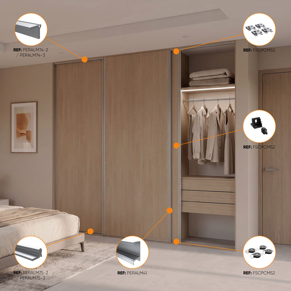 Guía de perfiles y rodamientos para Perfil superior M52 pesado para puertas corredizas de clóset