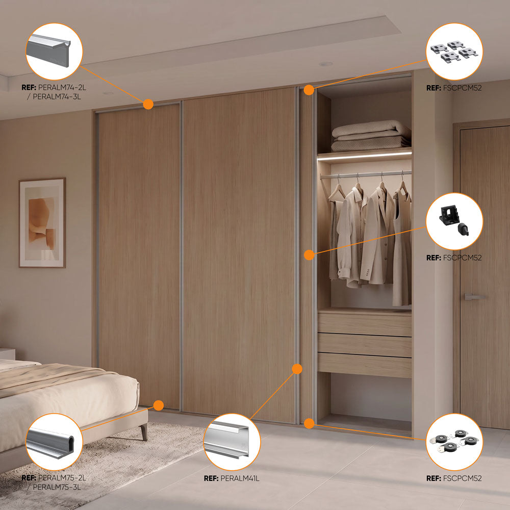 Guía de perfiles y rodamientos para Perfil superior M52 liviano natural mate para puertas corredizas de clóset