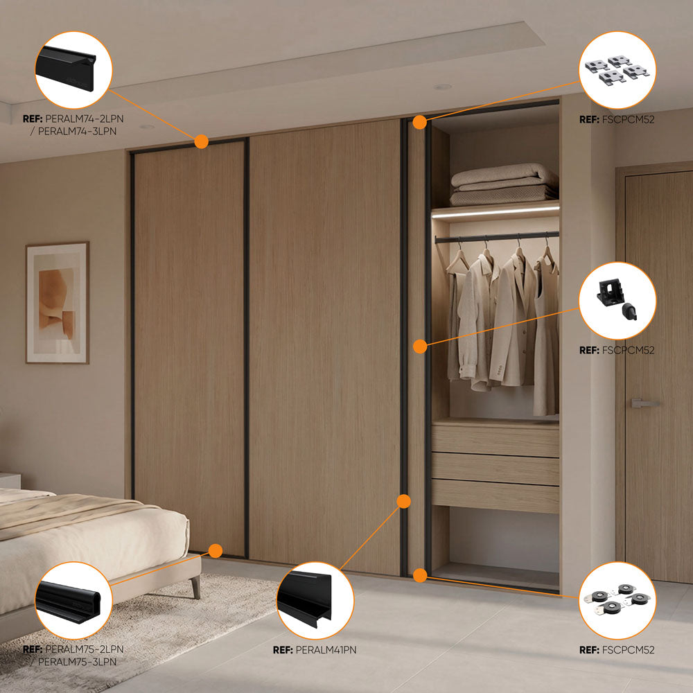 Guía de perfiles y rodamientos para Perfil superior M52 liviano negro para puertas corredizas de clóset
