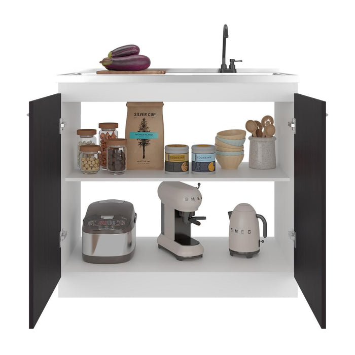 Gabinete Inferior Cantabria, Kronos Blanco y Kronos Wengue, con dos Puertas Abatibles- Mesón derecho y Grifería ZF